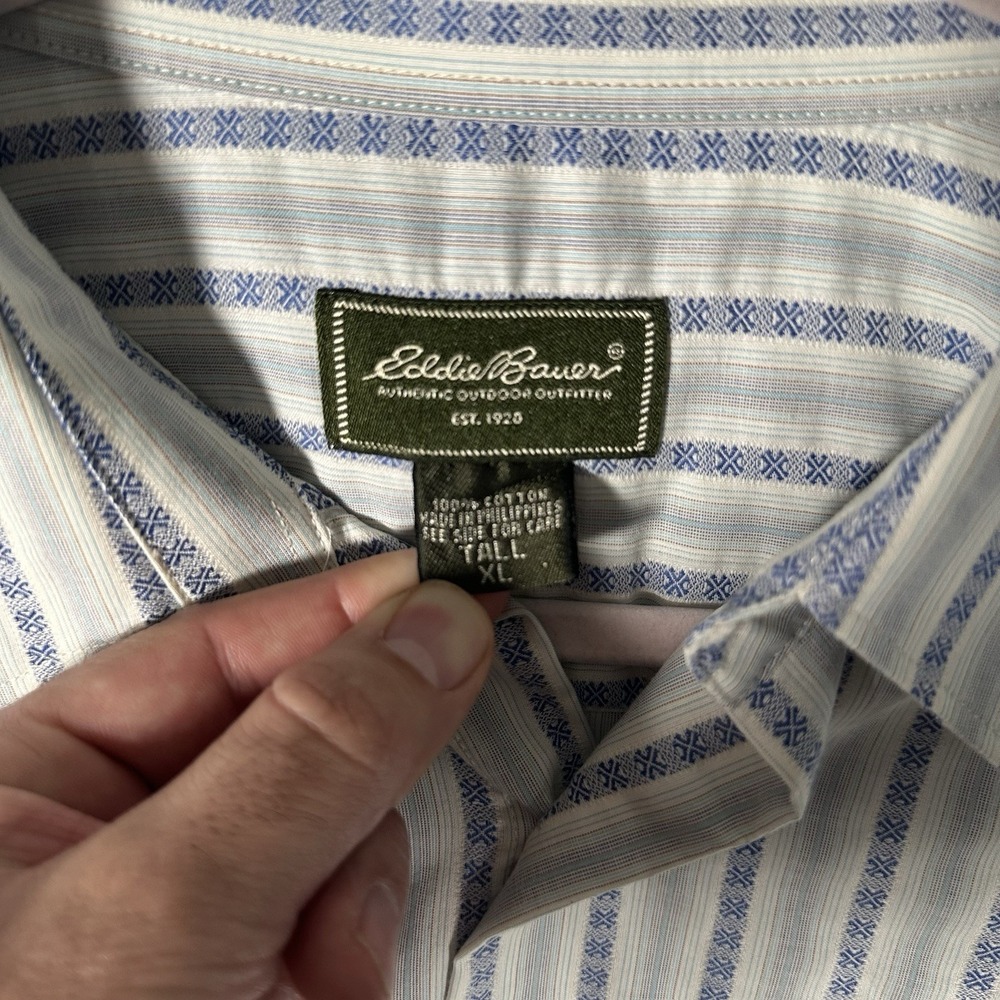 Eddie Bauer XL Tall Button Down Shirt Blue White Geometric Stripe 100% Cotton - Picture 3 of 8